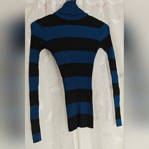 Love By Design Blue and Black Striped Turtleneck Sweater